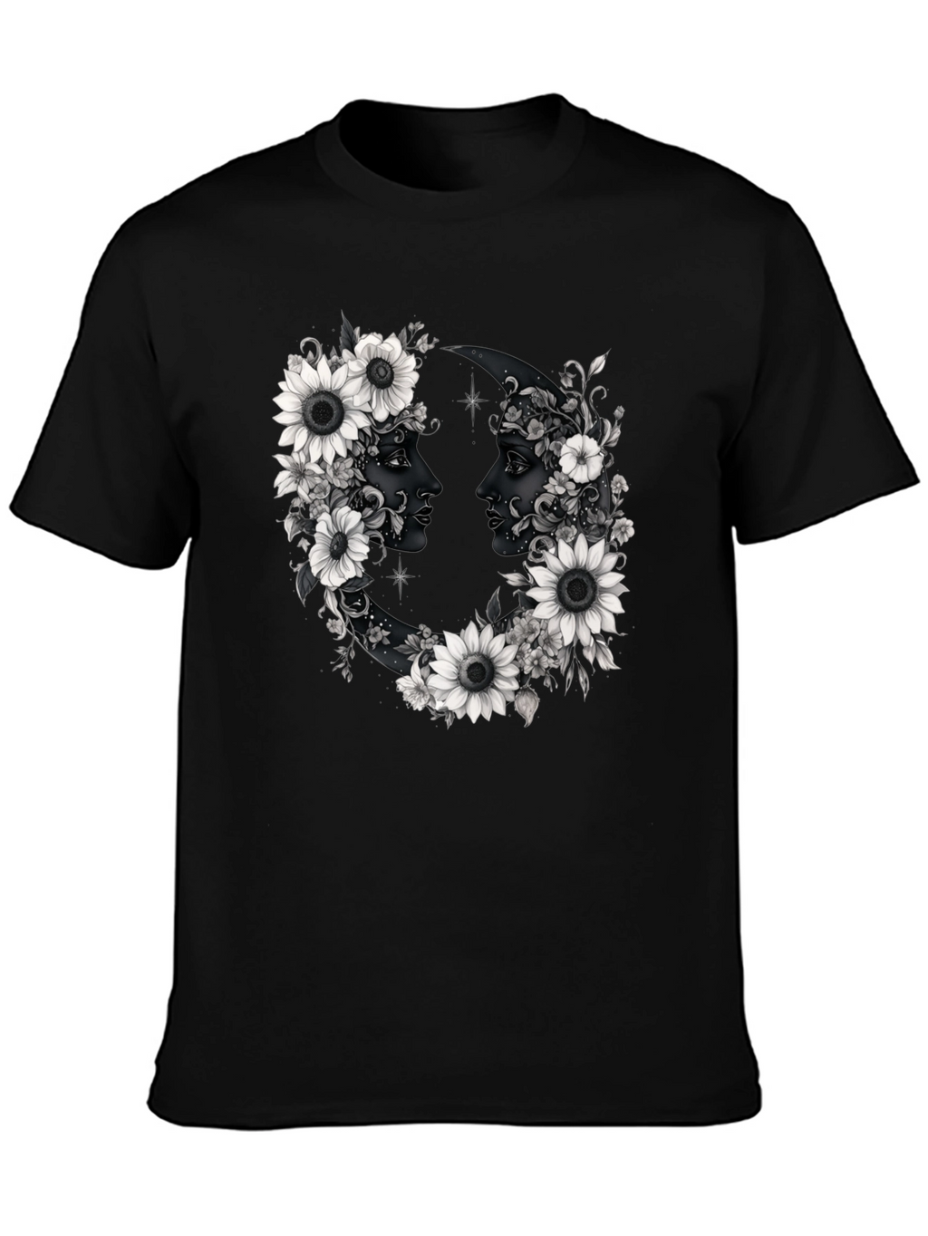 Floral Moon Faces Graphic Tee - Black