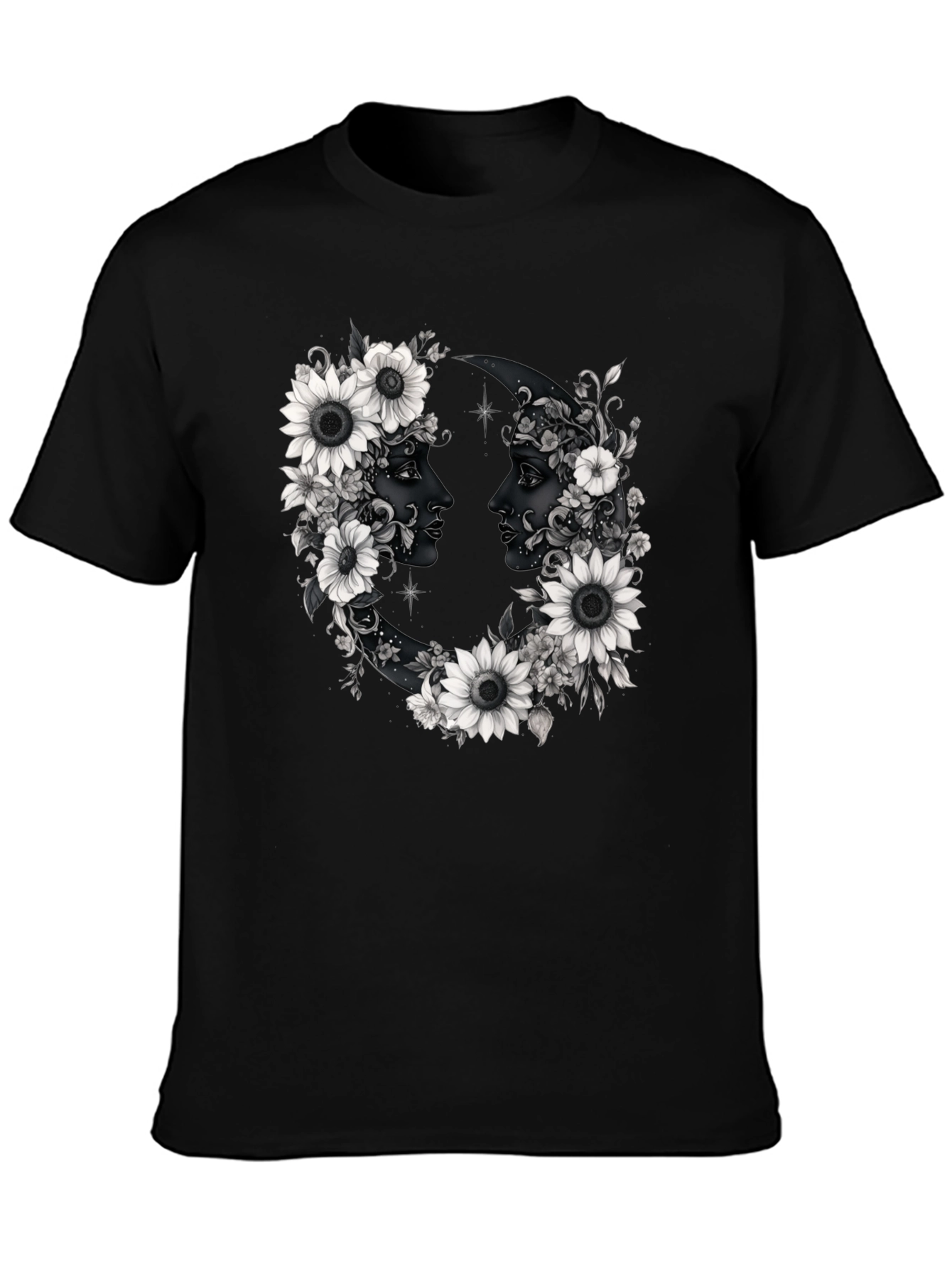Floral Moon Faces Graphic Tee - Black