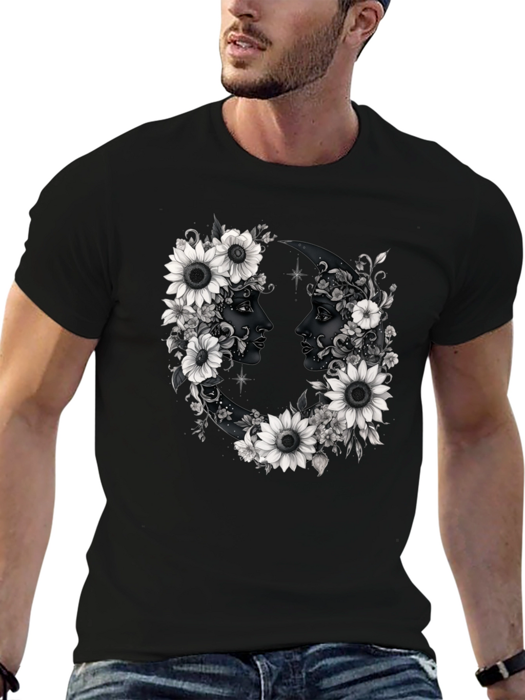 Floral Moon Faces Graphic Tee - Black