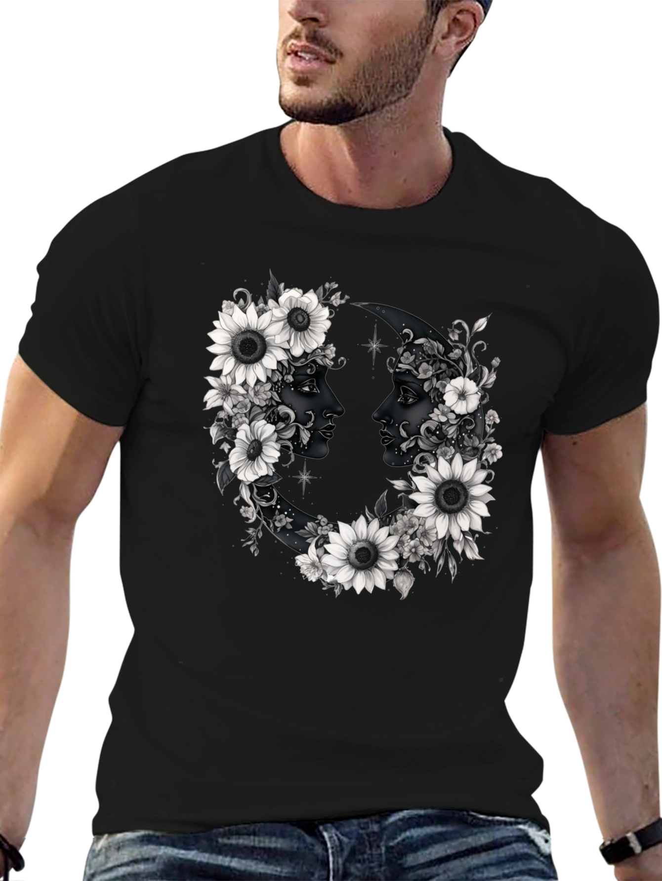 Floral Moon Faces Graphic Tee - Black