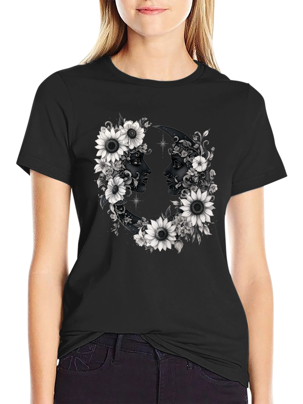 Floral Moon Faces Graphic Tee - Black