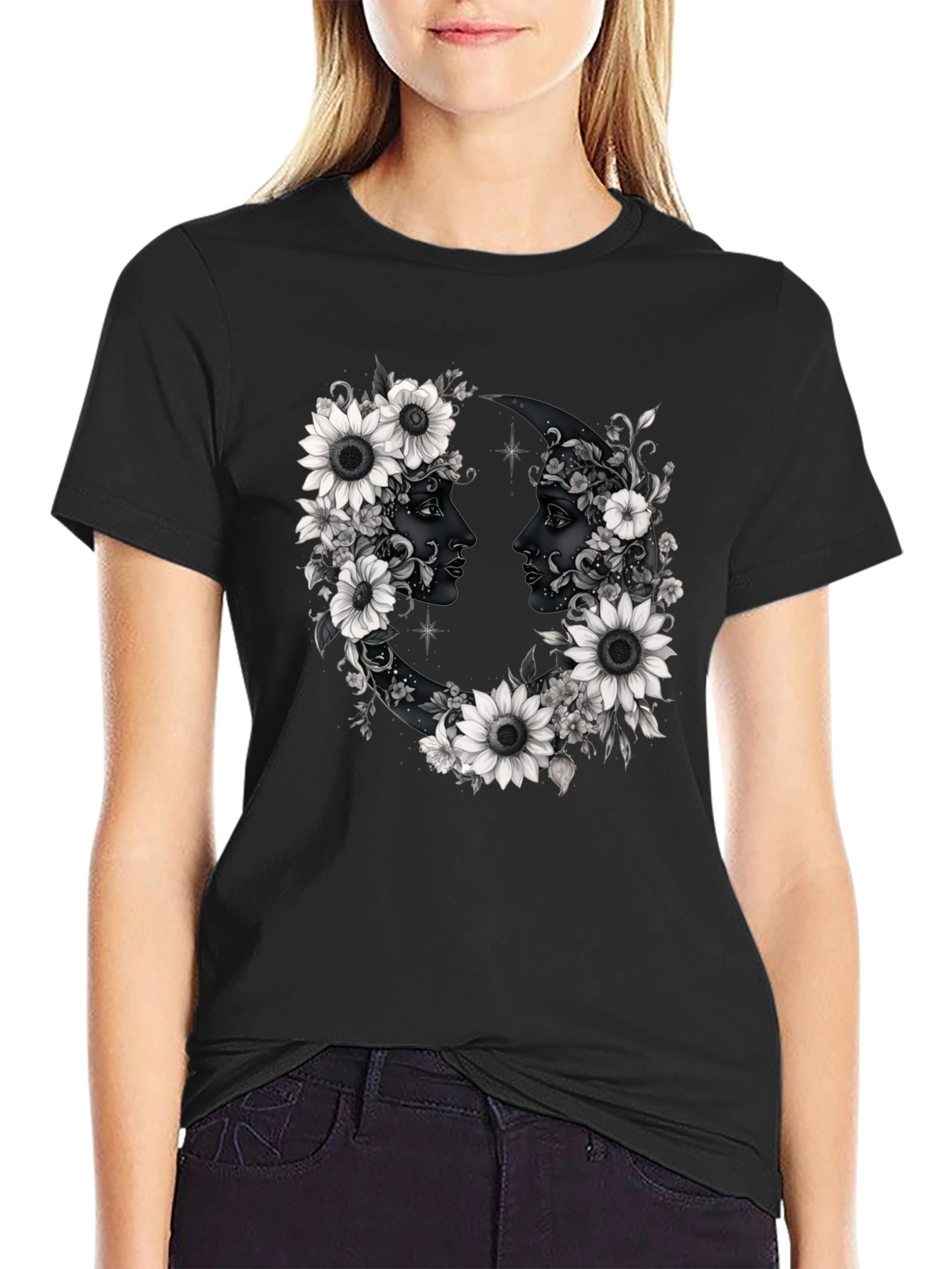 Floral Moon Faces Graphic Tee - Black