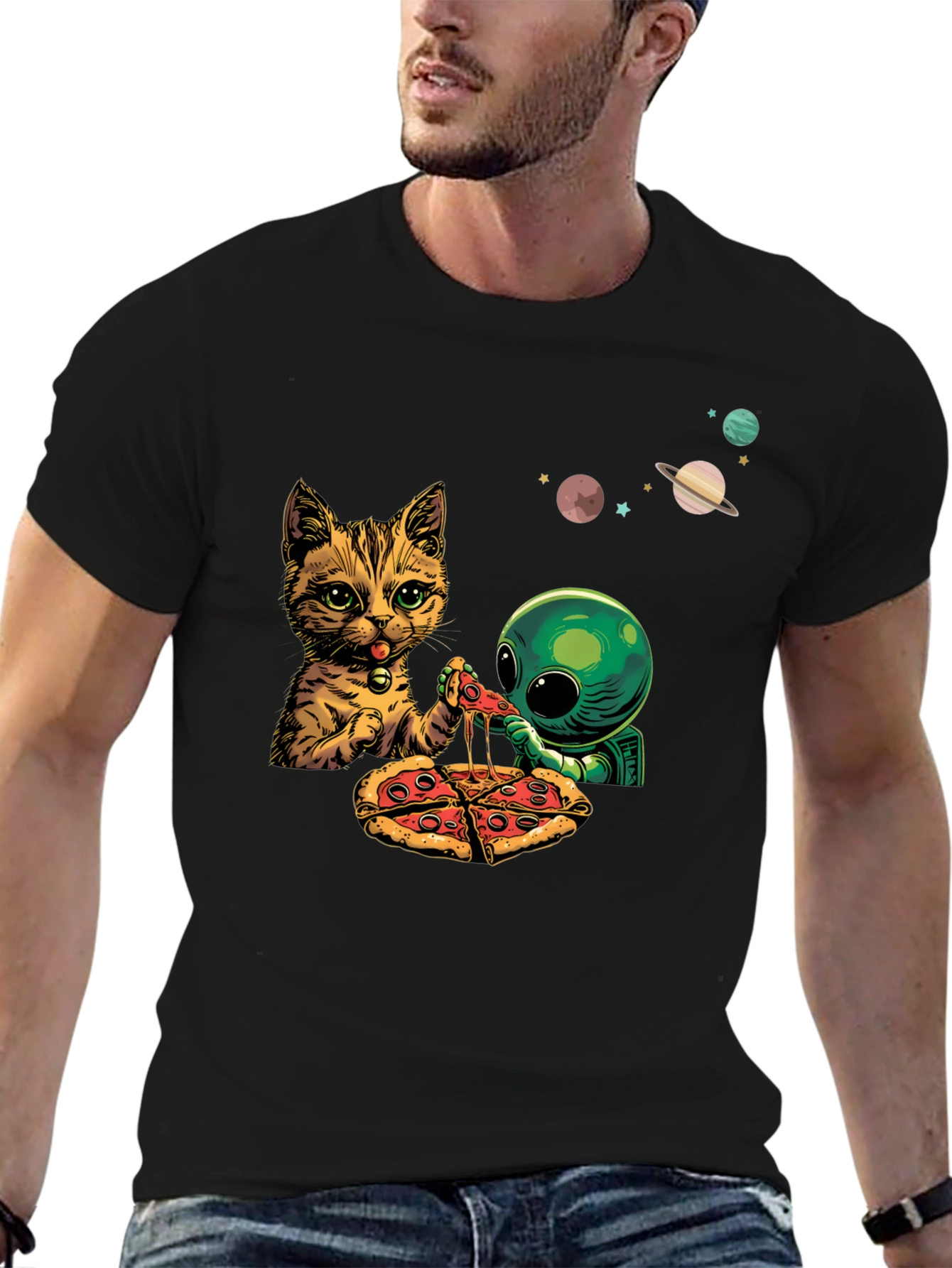 Cosmic Feast T-Shirt - Cat Alien & Pizza