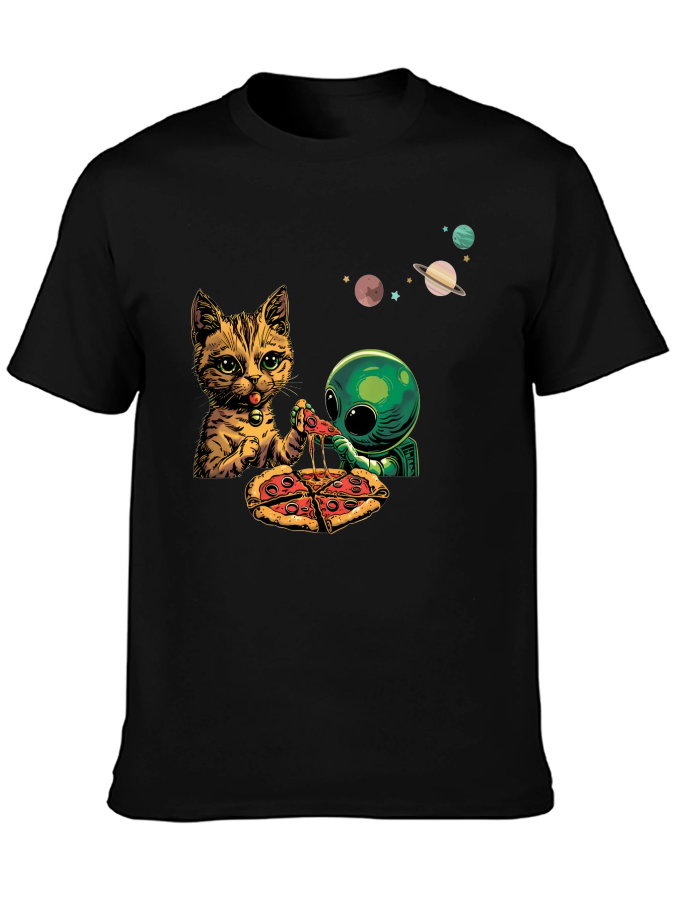 Cosmic Feast T-Shirt - Cat Alien & Pizza