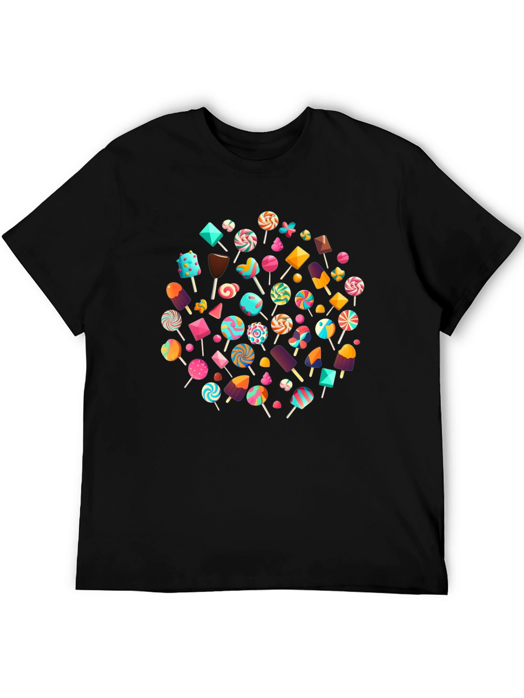 Fun Candy Pattern Black Crew Neck T-Shirt