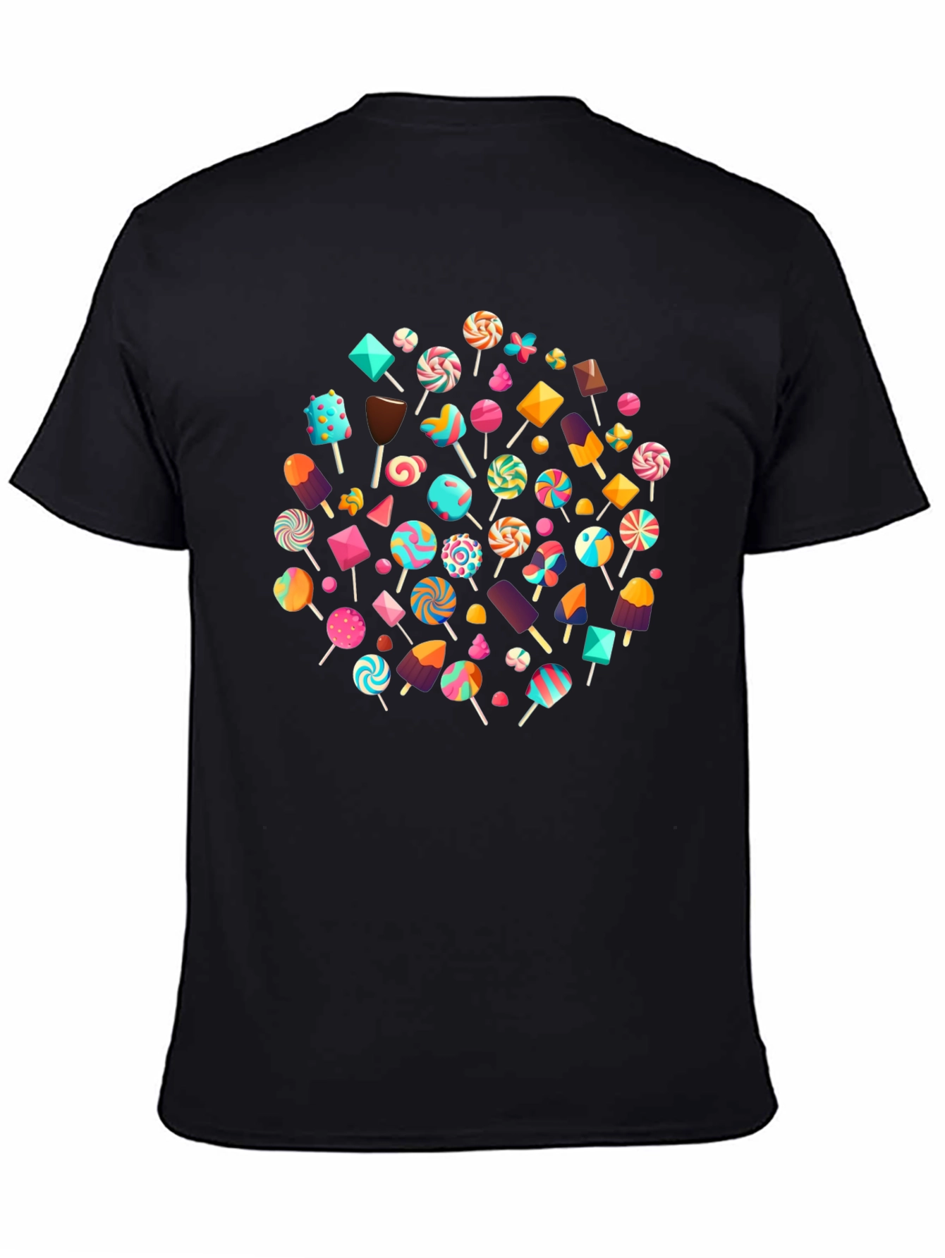 Fun Candy Pattern Black Crew Neck T-Shirt
