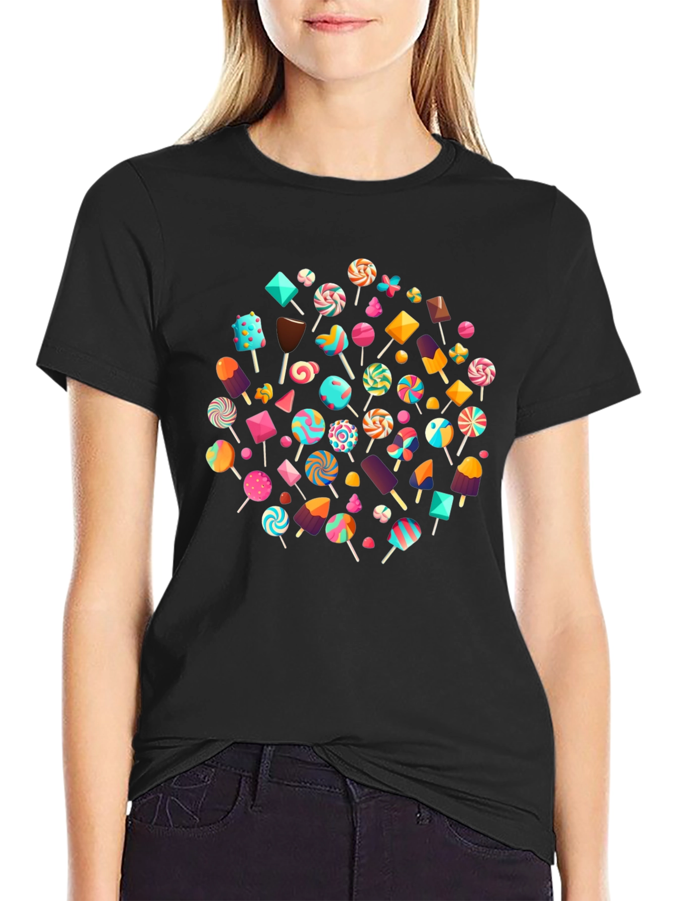Fun Candy Pattern Black Crew Neck T-Shirt