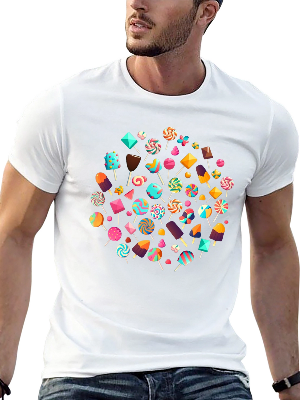 Fun Candy Pattern Black Crew Neck T-Shirt