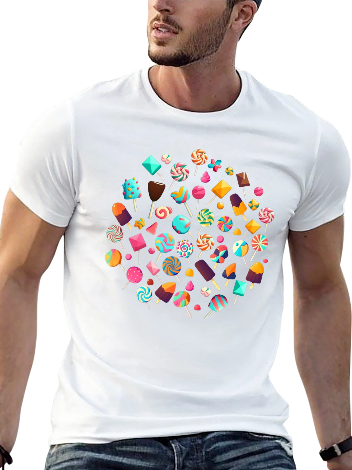 Fun Candy Pattern Black Crew Neck T-Shirt