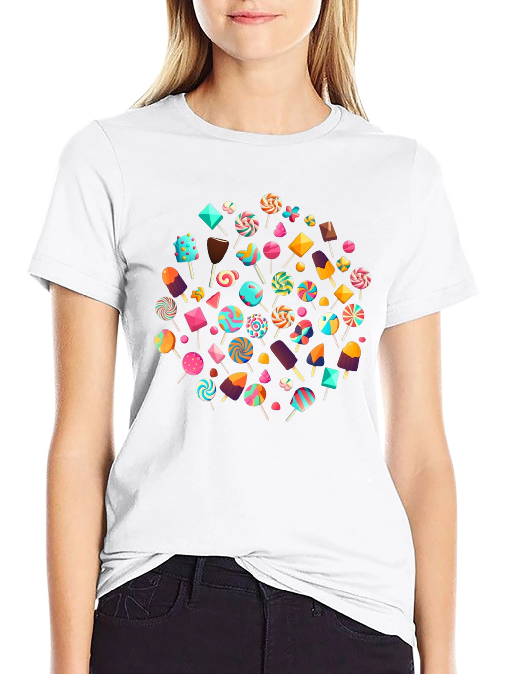 Fun Candy Pattern Black Crew Neck T-Shirt