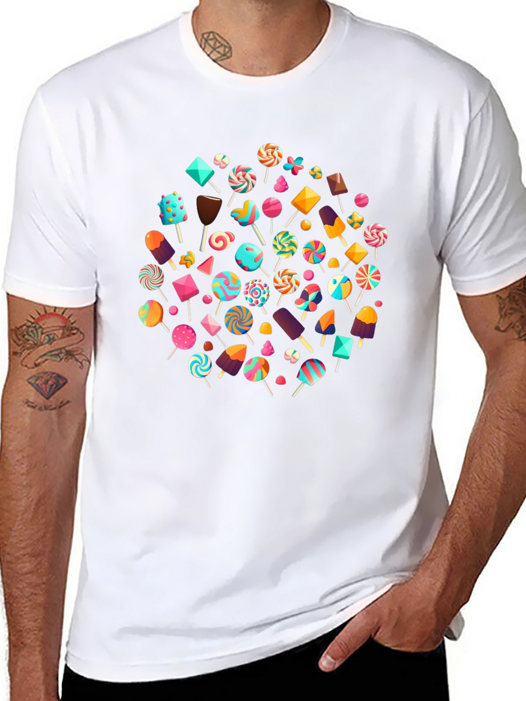 Fun Candy Pattern Black Crew Neck T-Shirt