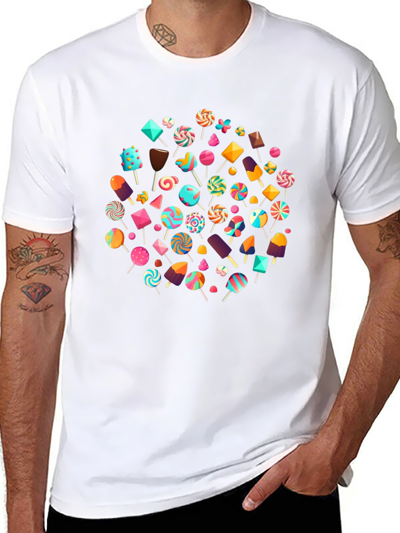 Fun Candy Pattern Black Crew Neck T-Shirt