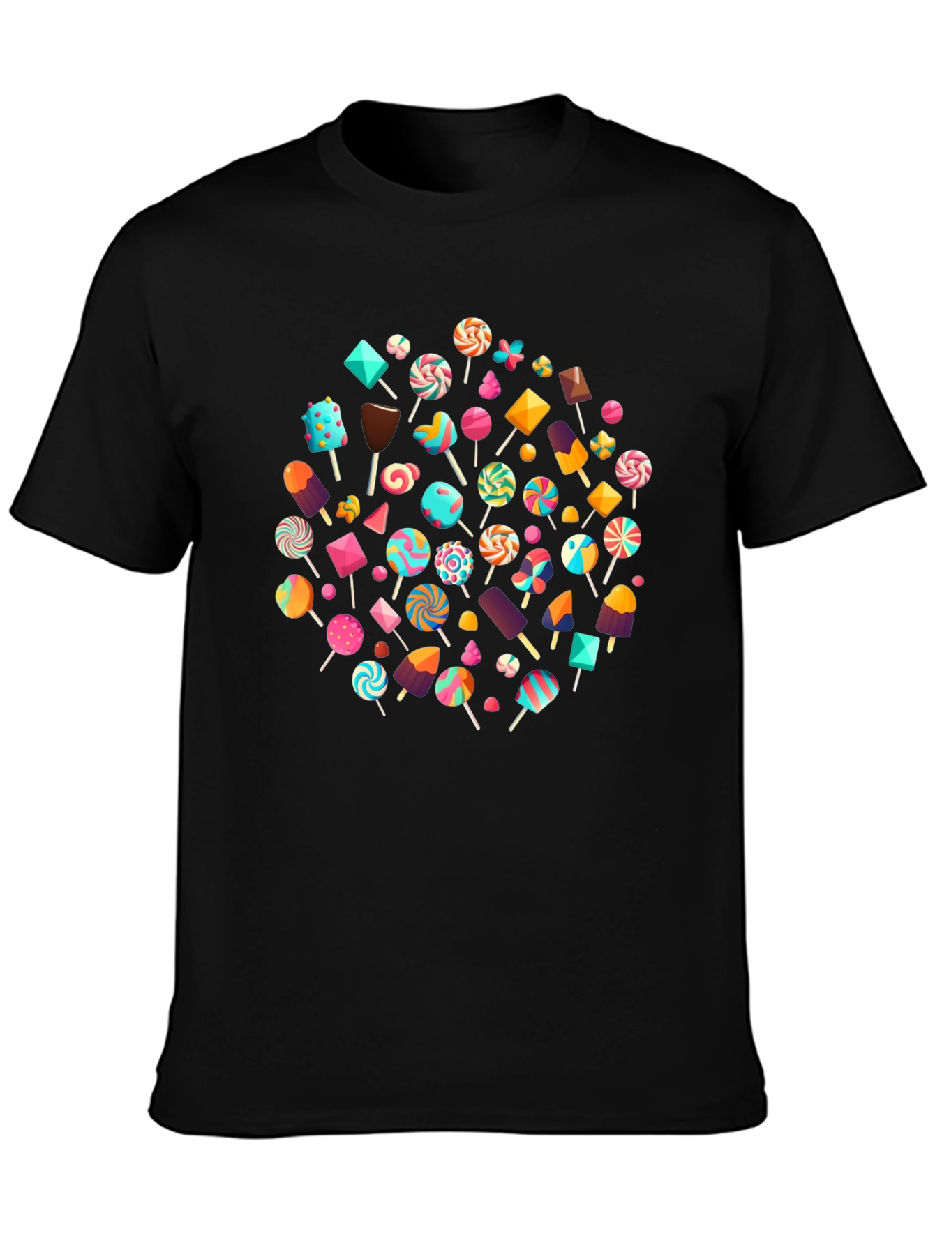 Fun Candy Pattern Black Crew Neck T-Shirt
