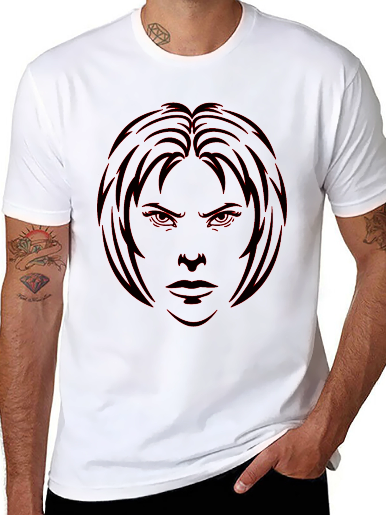 Edgy Graphic Tee - Red Face Design on Black