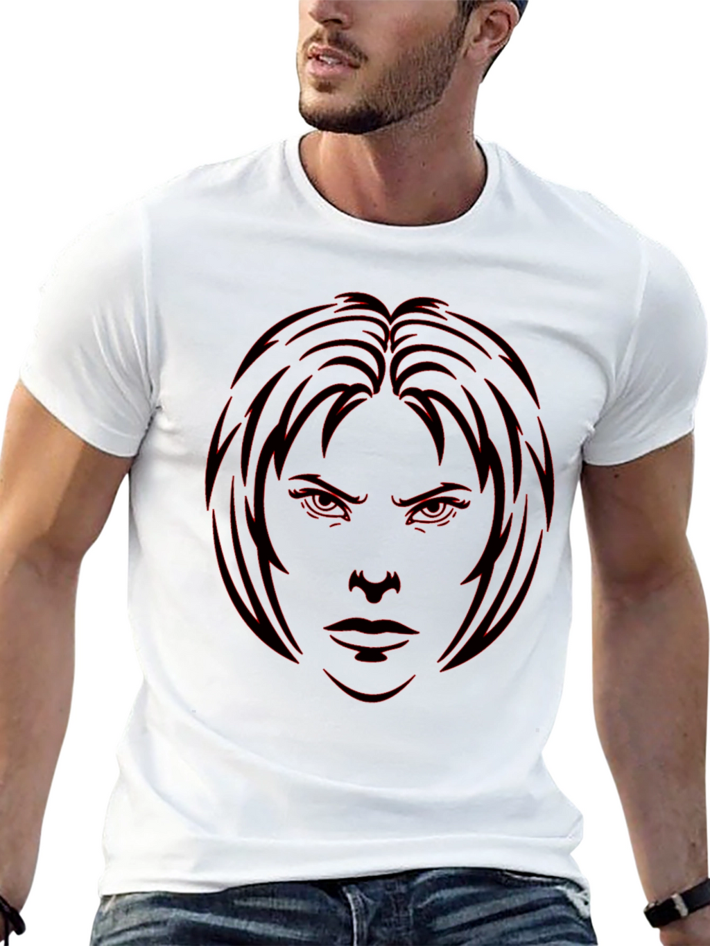 Edgy Graphic Tee - Red Face Design on Black