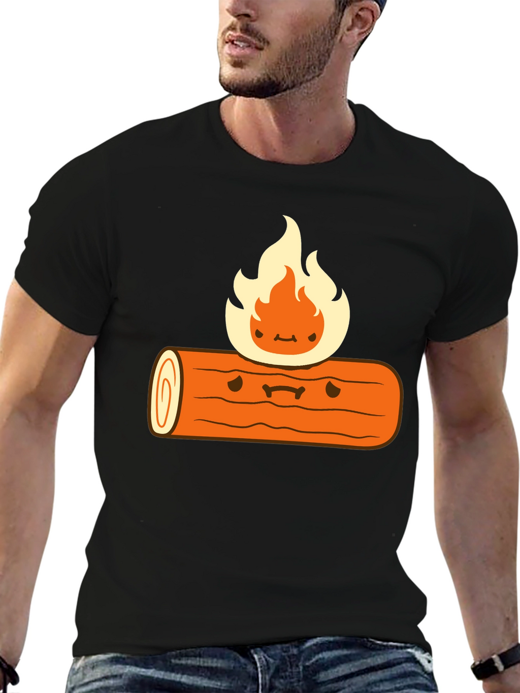 Cartoon Campfire Black T-Shirt