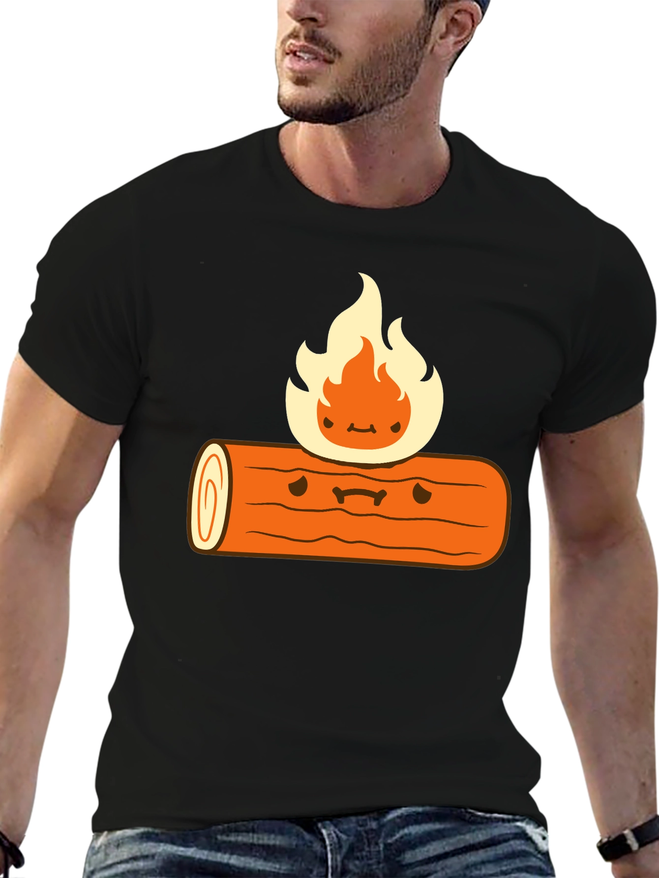 Cartoon Campfire Black T-Shirt