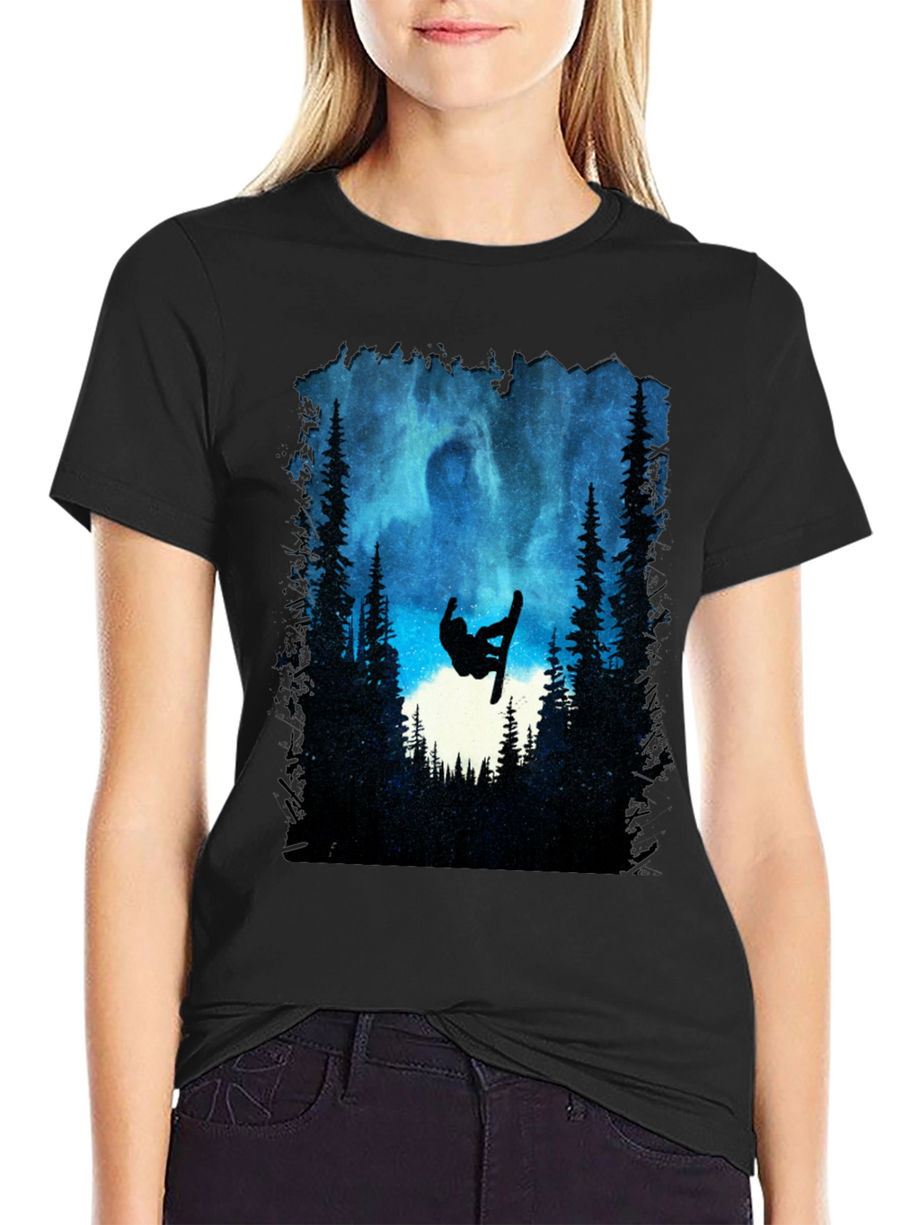 Snowboarder Silhouette T-Shirt - Night Sky Design