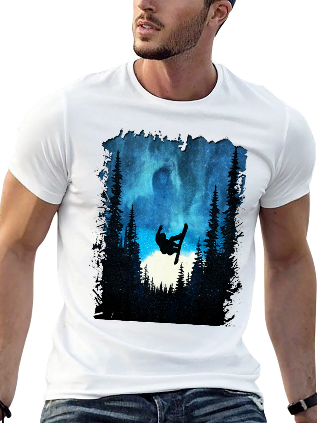Snowboarder Silhouette T-Shirt - Night Sky Design