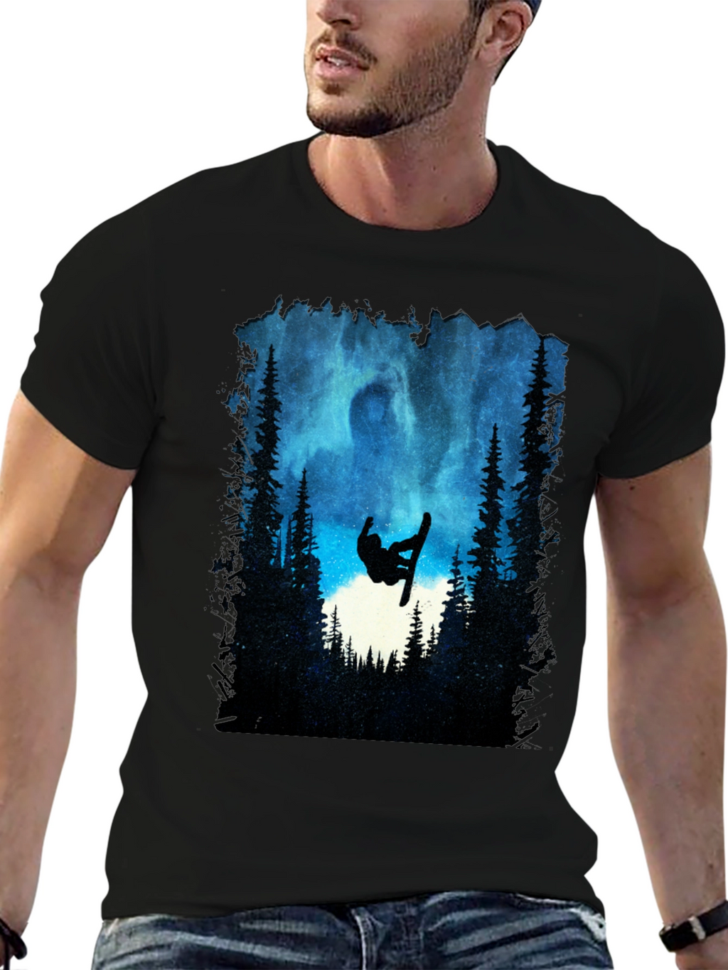 Snowboarder Silhouette T-Shirt - Night Sky Design
