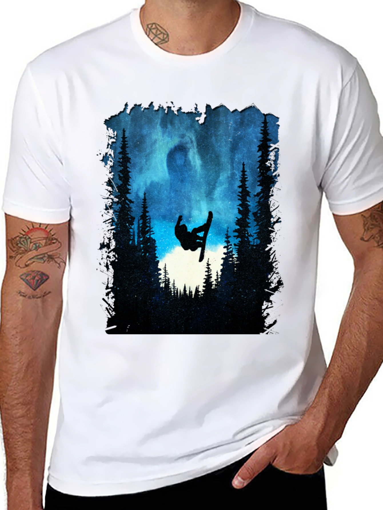 Snowboarder Silhouette T-Shirt - Night Sky Design
