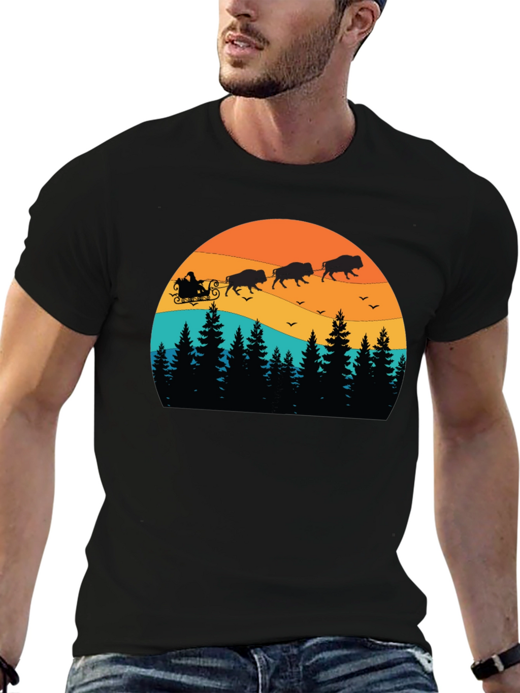 Buffalo Santa T-Shirt - Holiday Bison Sleigh