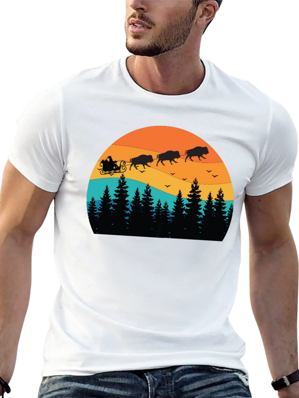 Buffalo Santa T-Shirt - Holiday Bison Sleigh