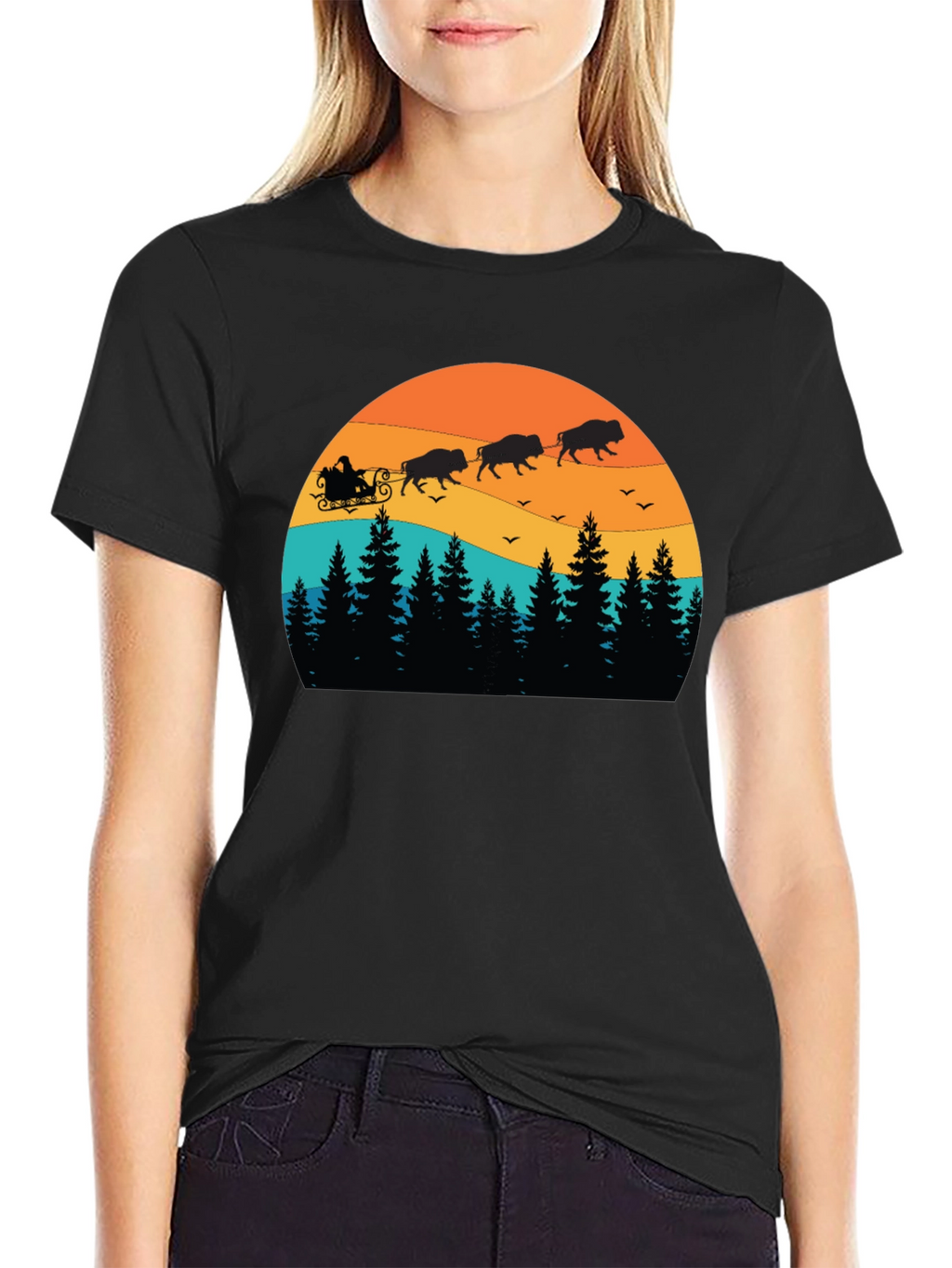 Buffalo Santa T-Shirt - Holiday Bison Sleigh