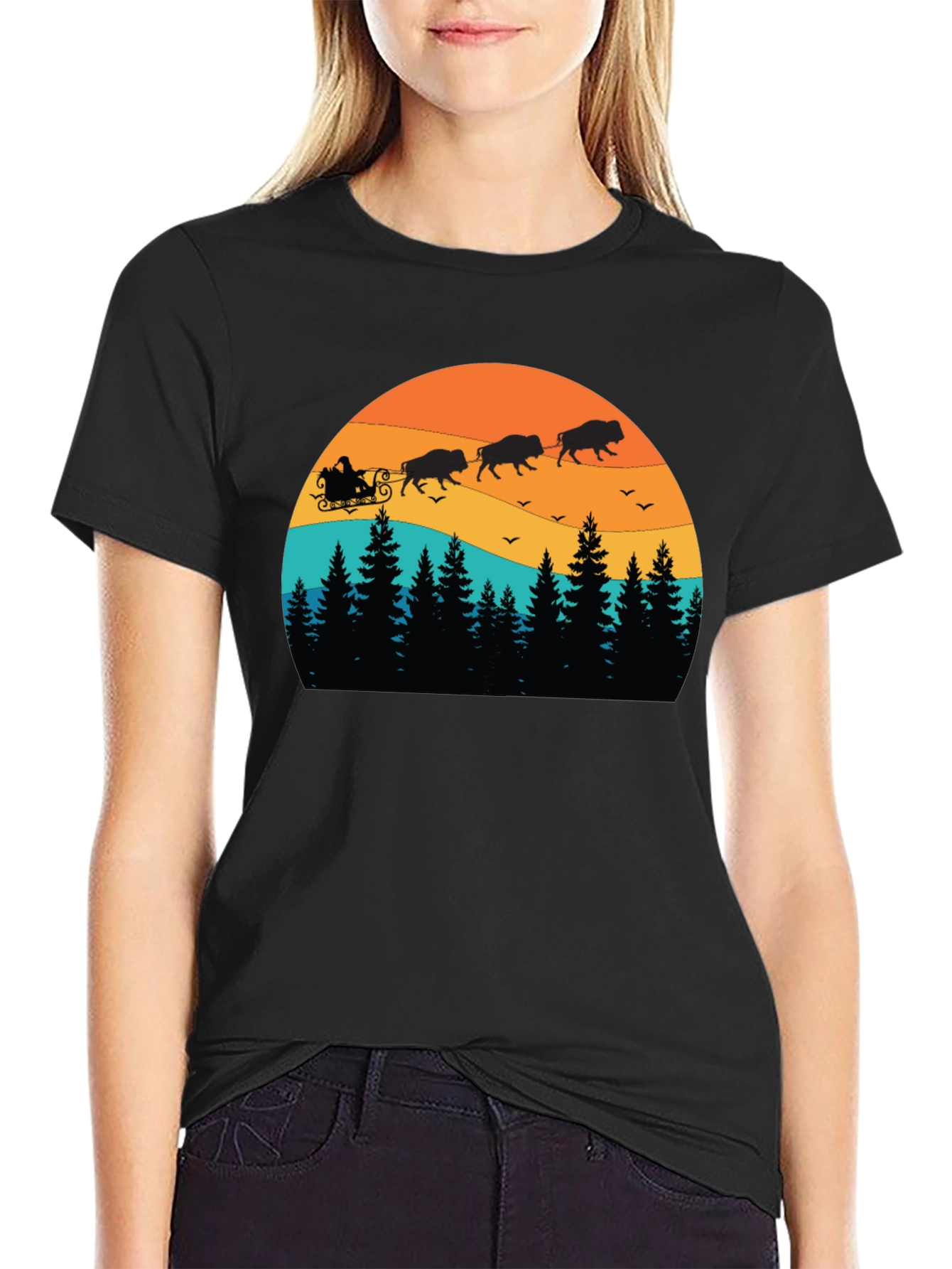 Buffalo Santa T-Shirt - Holiday Bison Sleigh