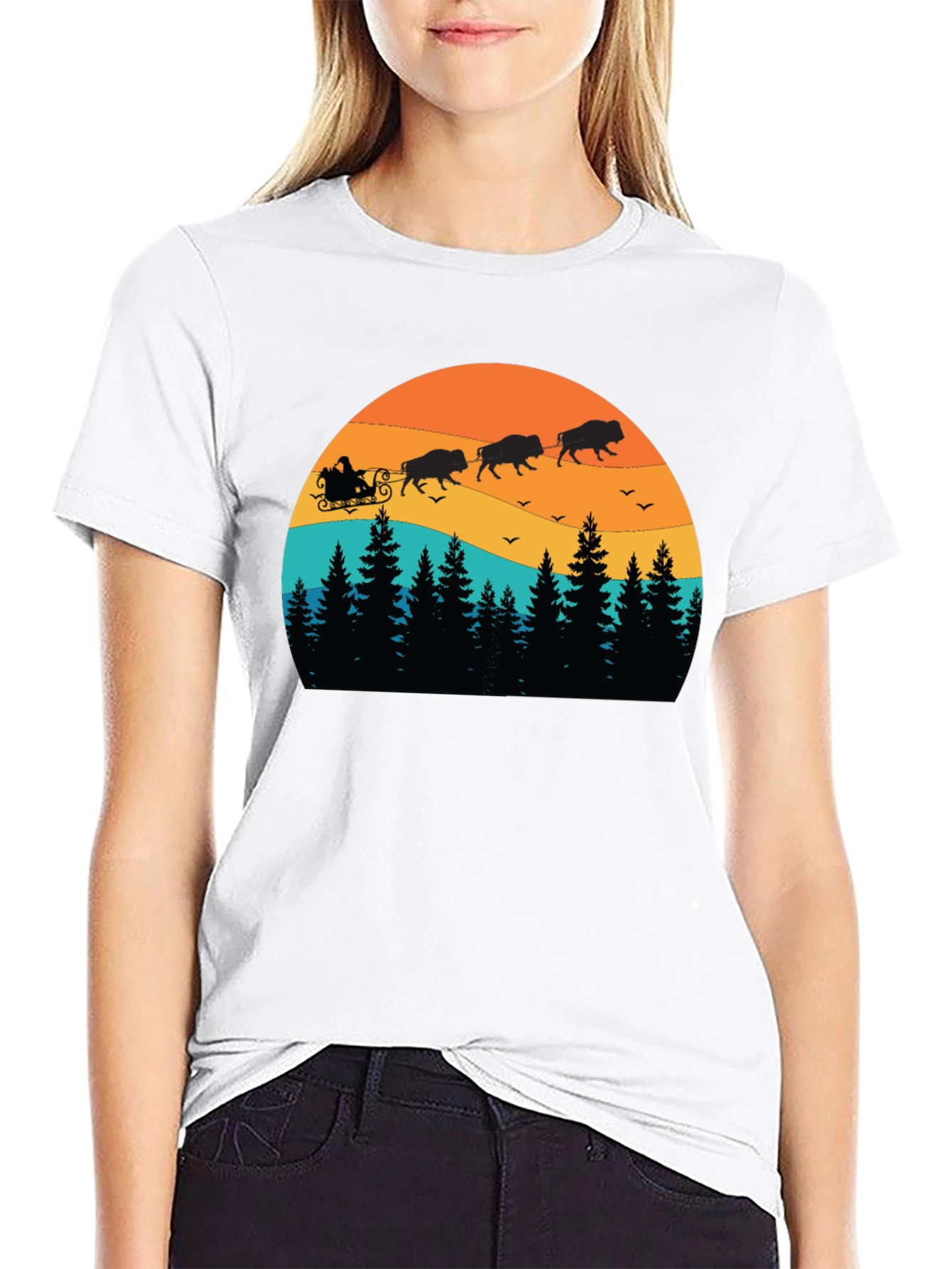 Buffalo Santa T-Shirt - Holiday Bison Sleigh