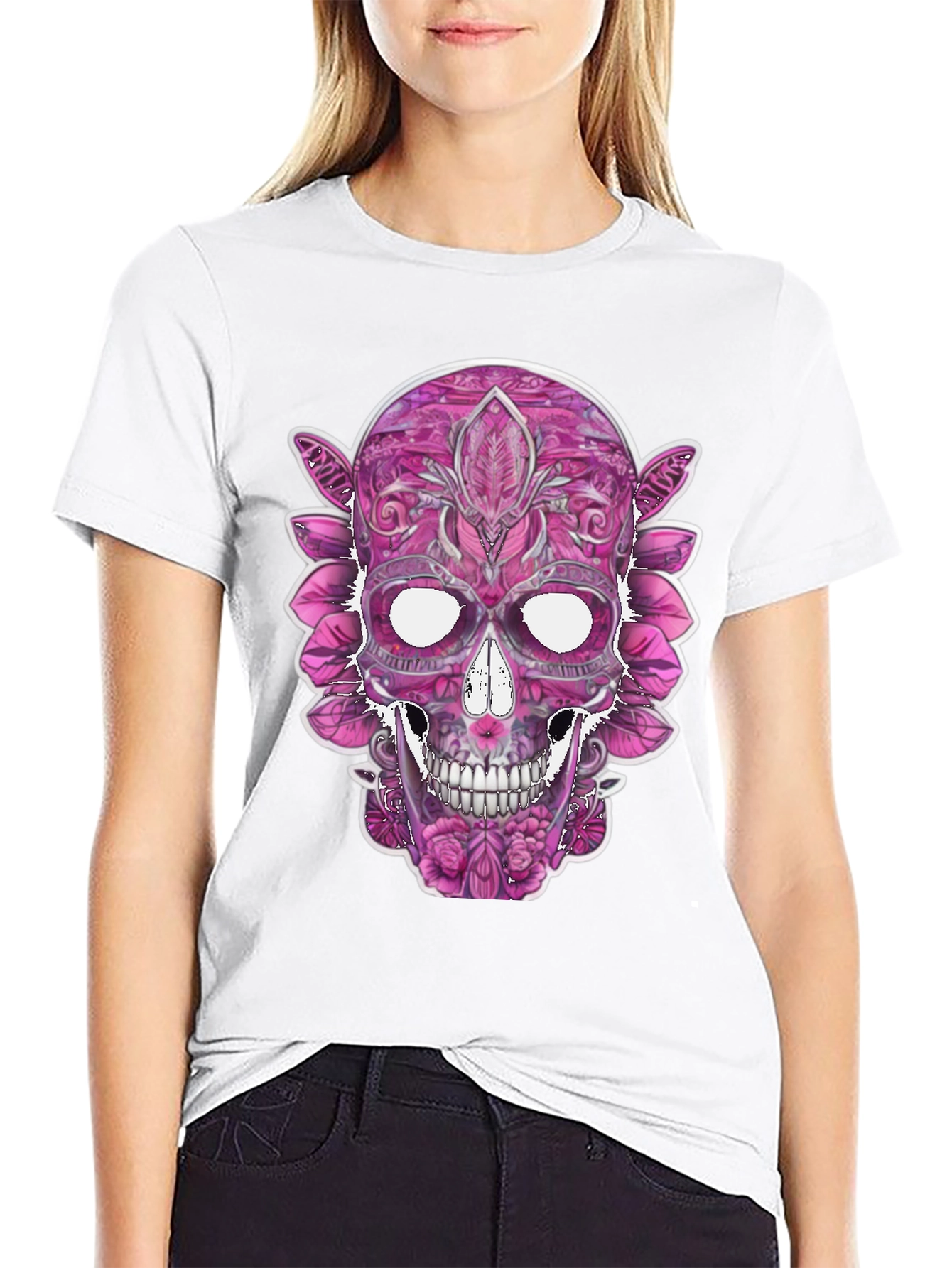 Floral Sugar Skull Graphic Tee - Black