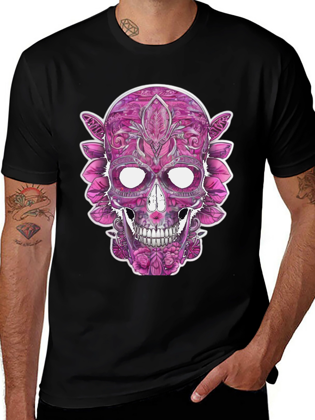 Floral Sugar Skull Graphic Tee - Black