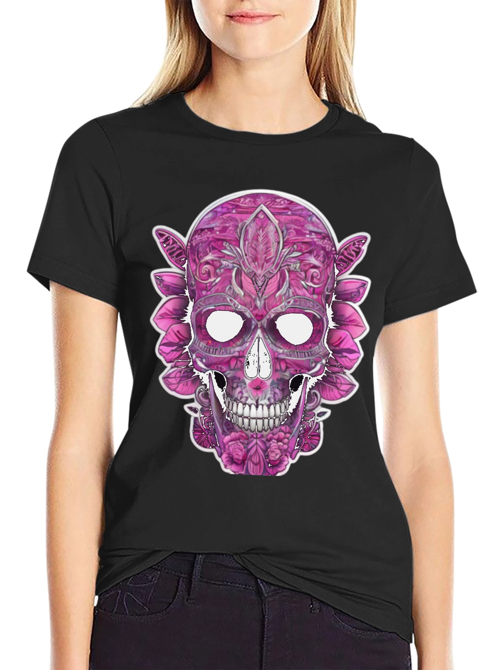 Floral Sugar Skull Graphic Tee - Black