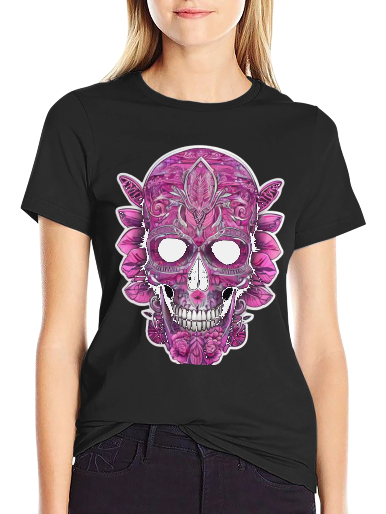 Floral Sugar Skull Graphic Tee - Black