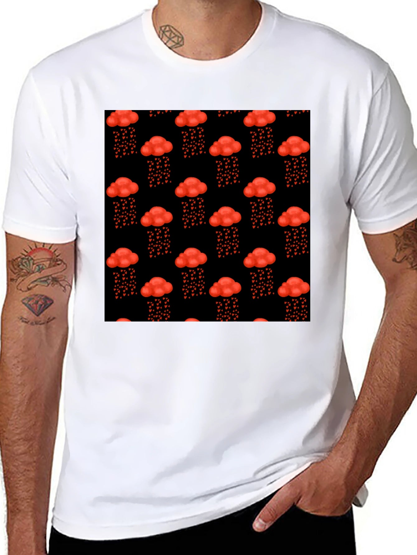 Red Cloud Heart Rain Black T-Shirt