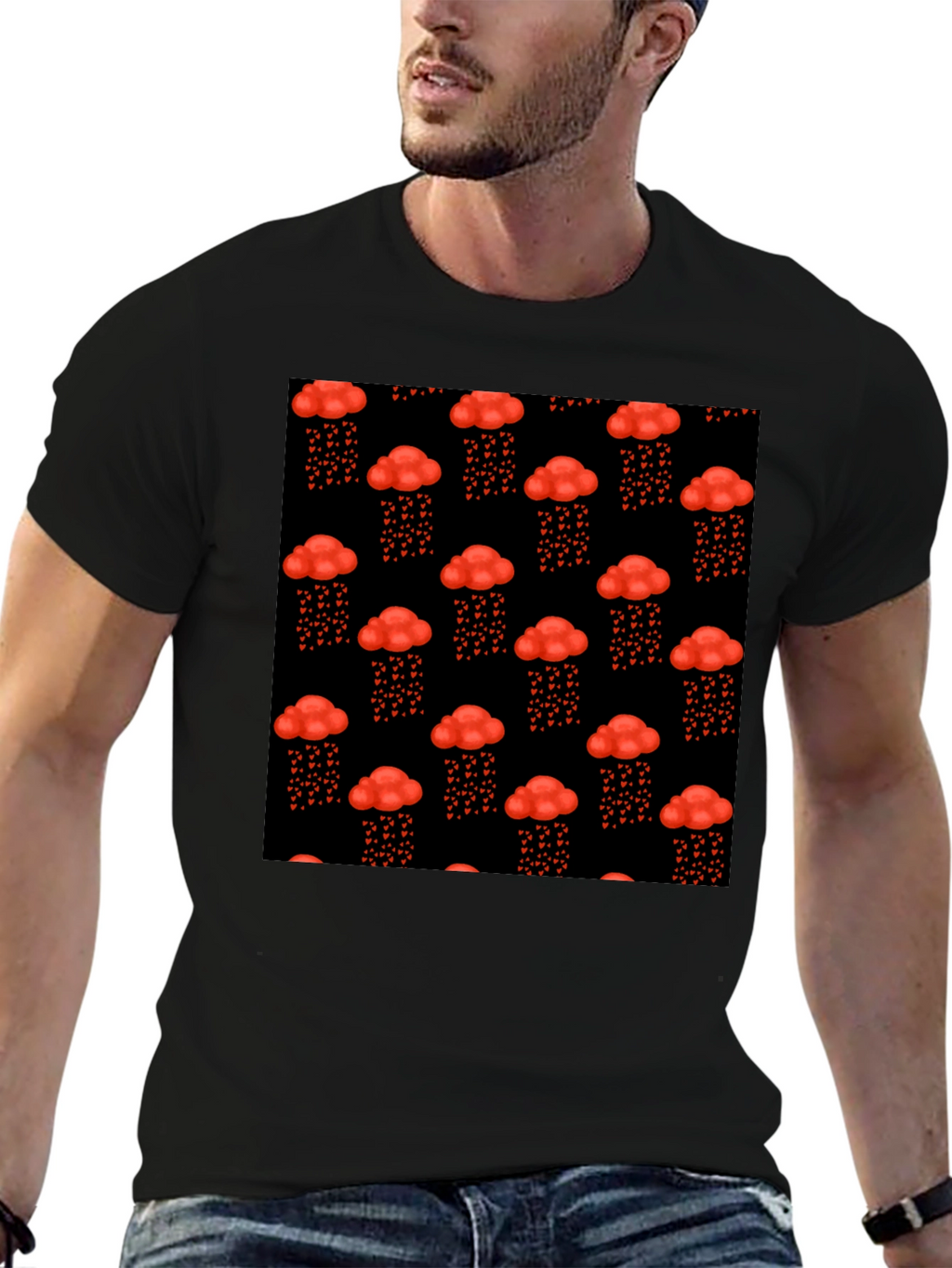 Red Cloud Heart Rain Black T-Shirt