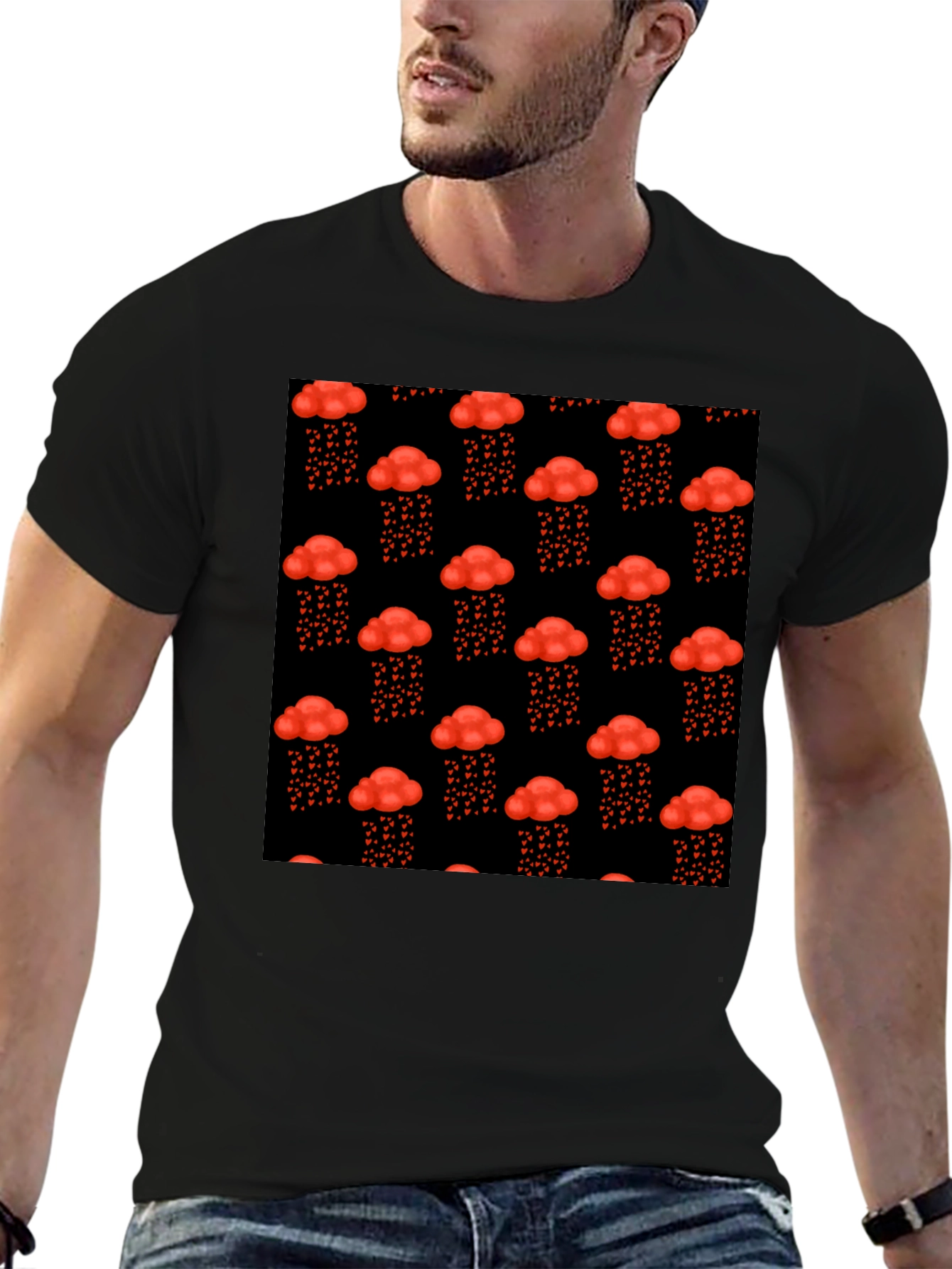 Red Cloud Heart Rain Black T-Shirt