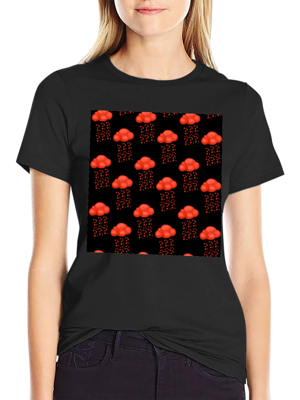 Red Cloud Heart Rain Black T-Shirt