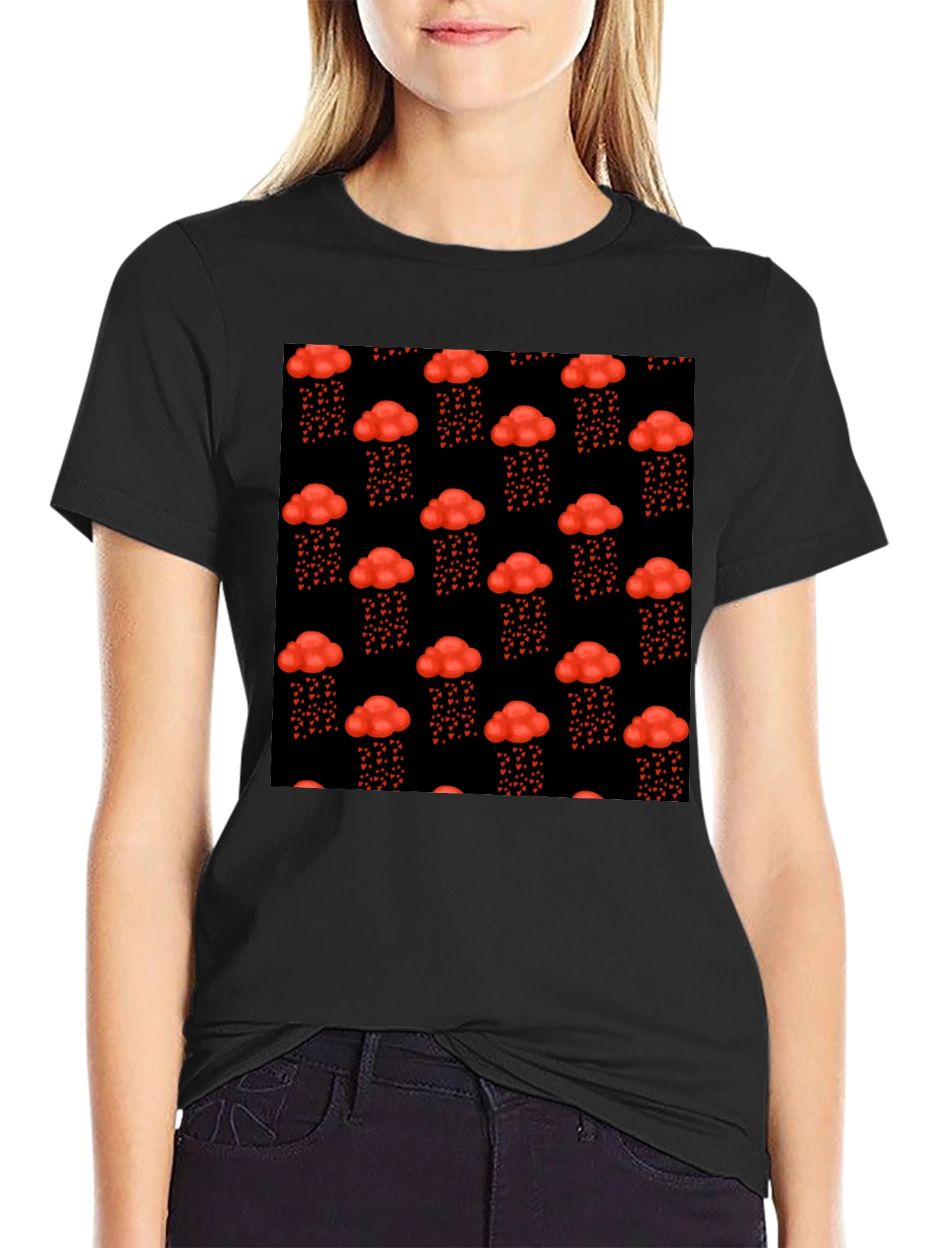 Red Cloud Heart Rain Black T-Shirt