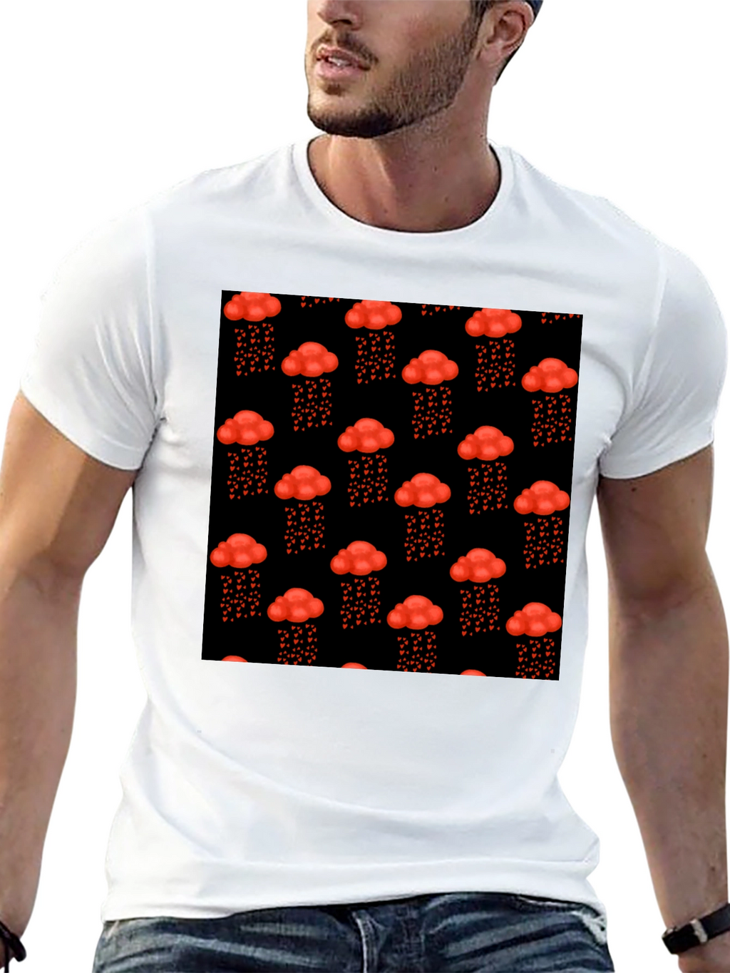 Red Cloud Heart Rain Black T-Shirt