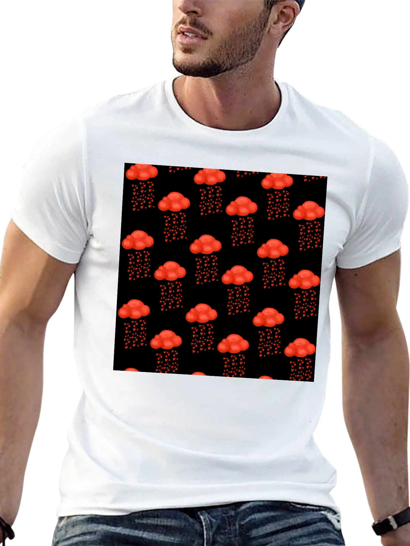Red Cloud Heart Rain Black T-Shirt