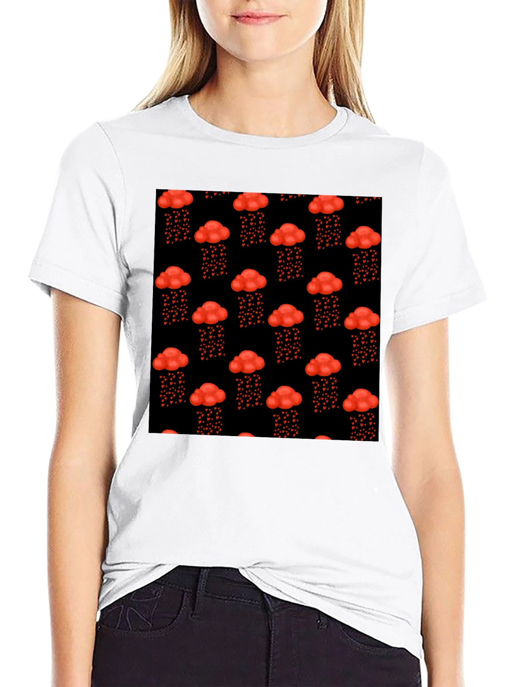 Red Cloud Heart Rain Black T-Shirt