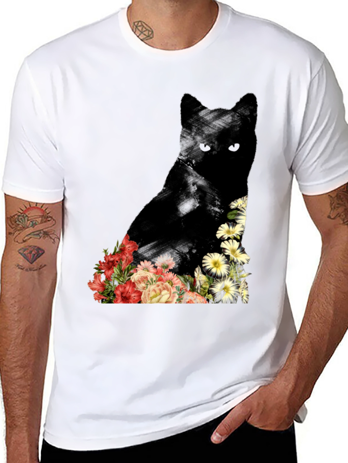 Floral Cat Graphic Tee - Unique Design