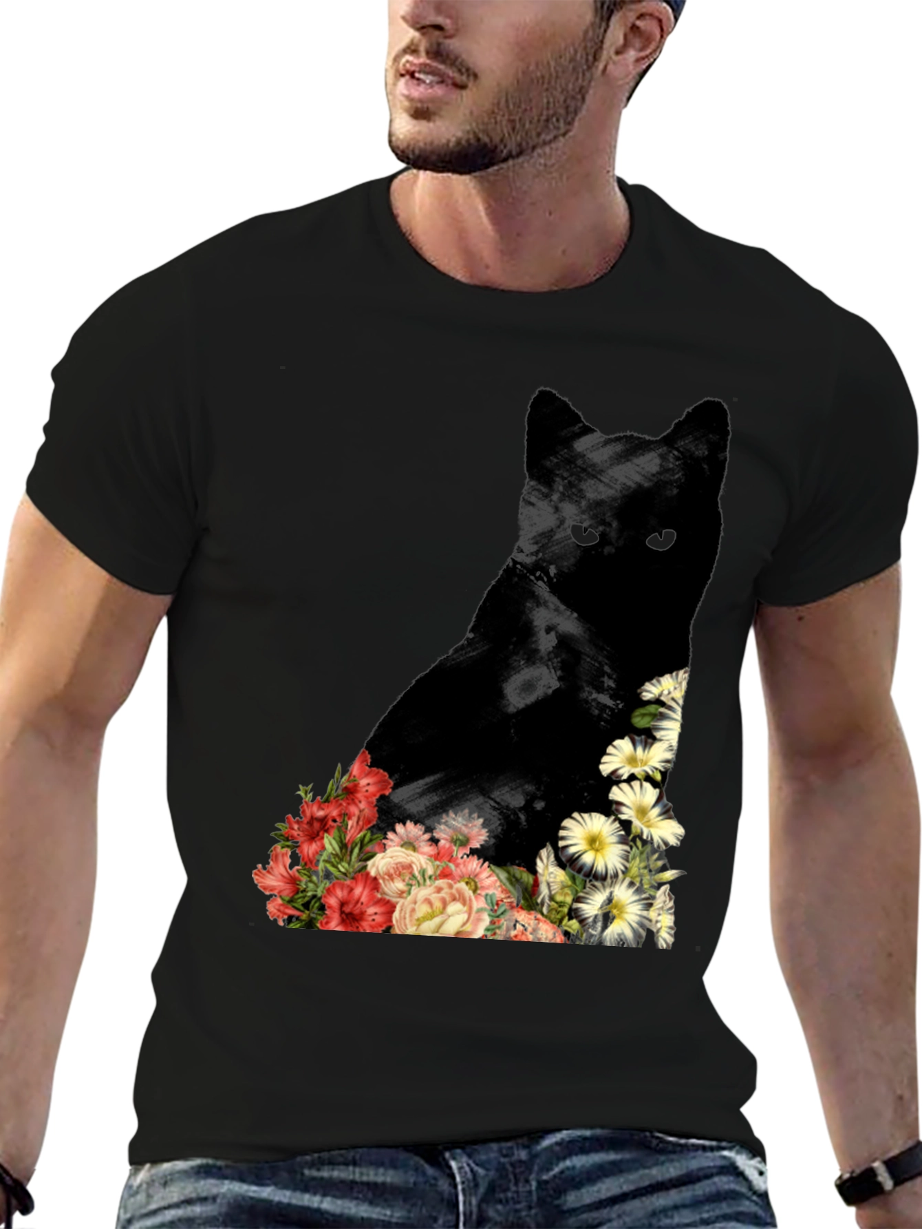 Floral Cat Graphic Tee - Unique Design