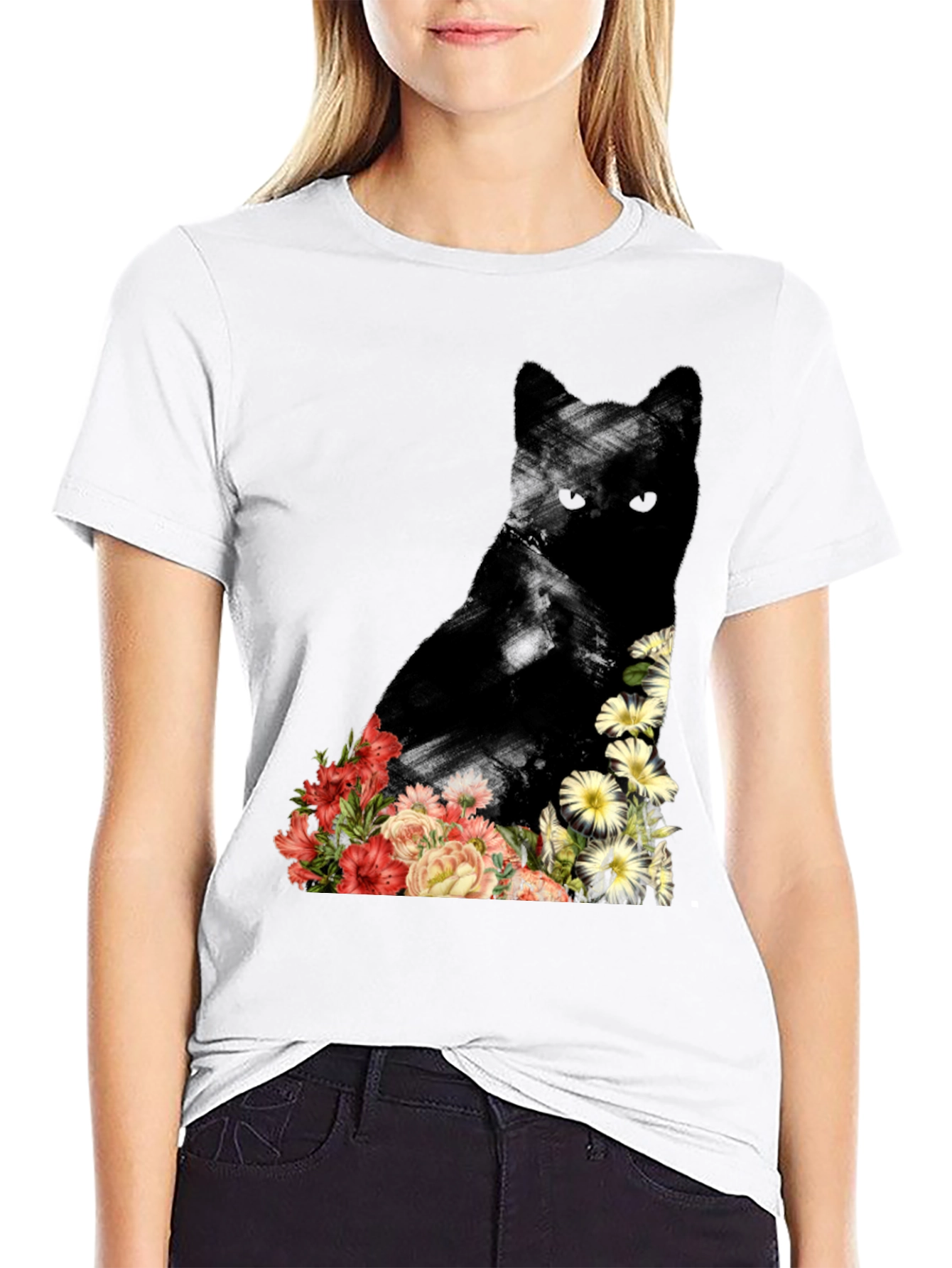 Floral Cat Graphic Tee - Unique Design