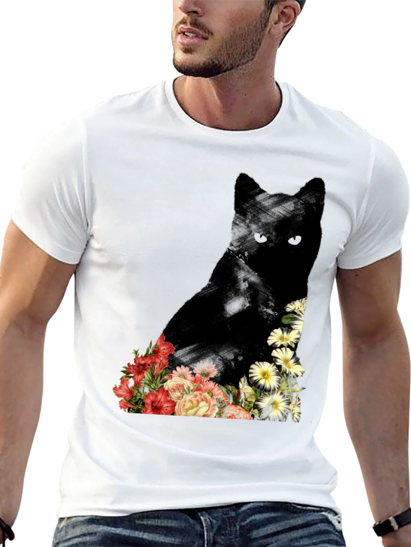 Floral Cat Graphic Tee - Unique Design