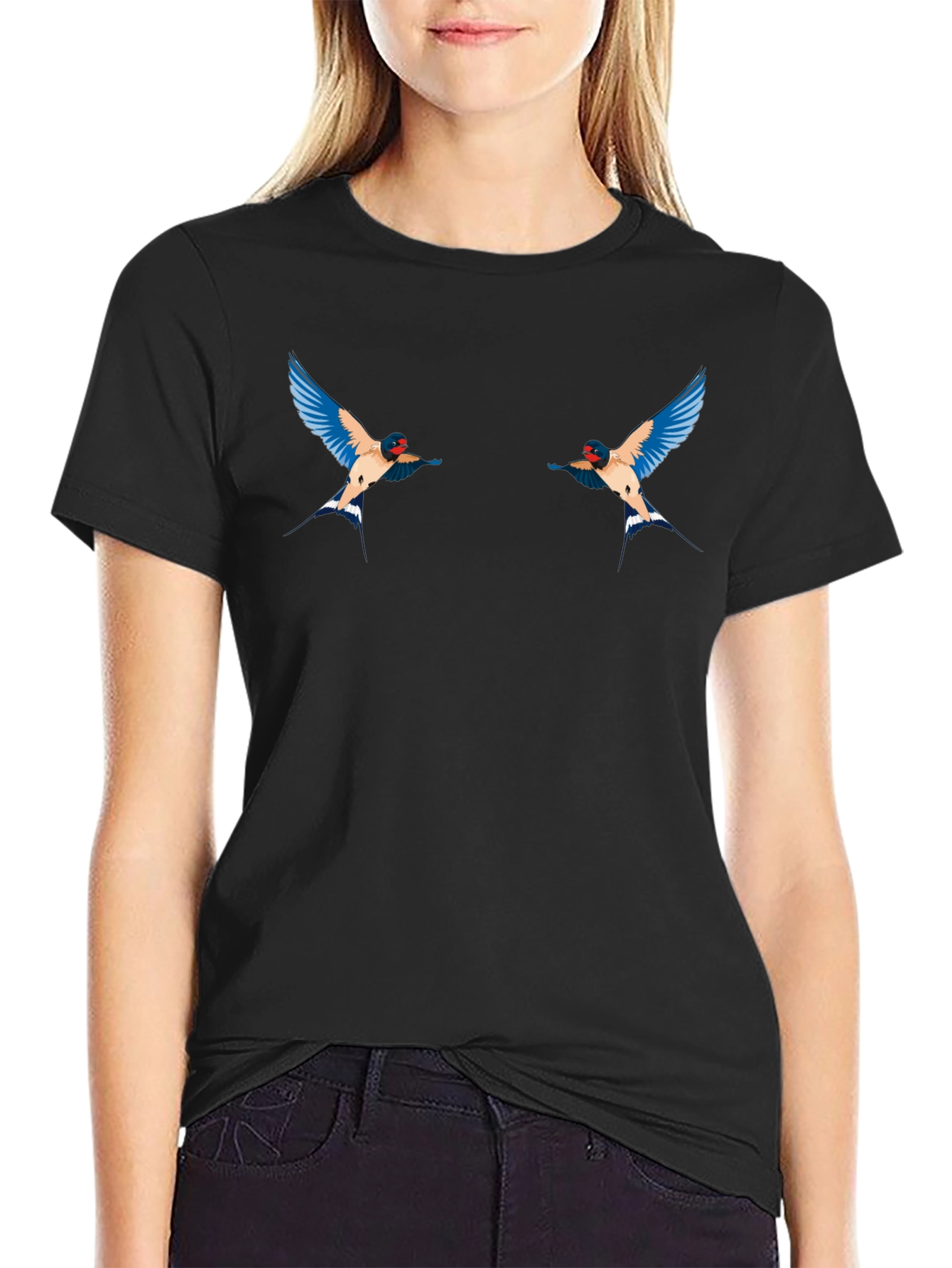 Black T-Shirt with Swallow Bird Graphic