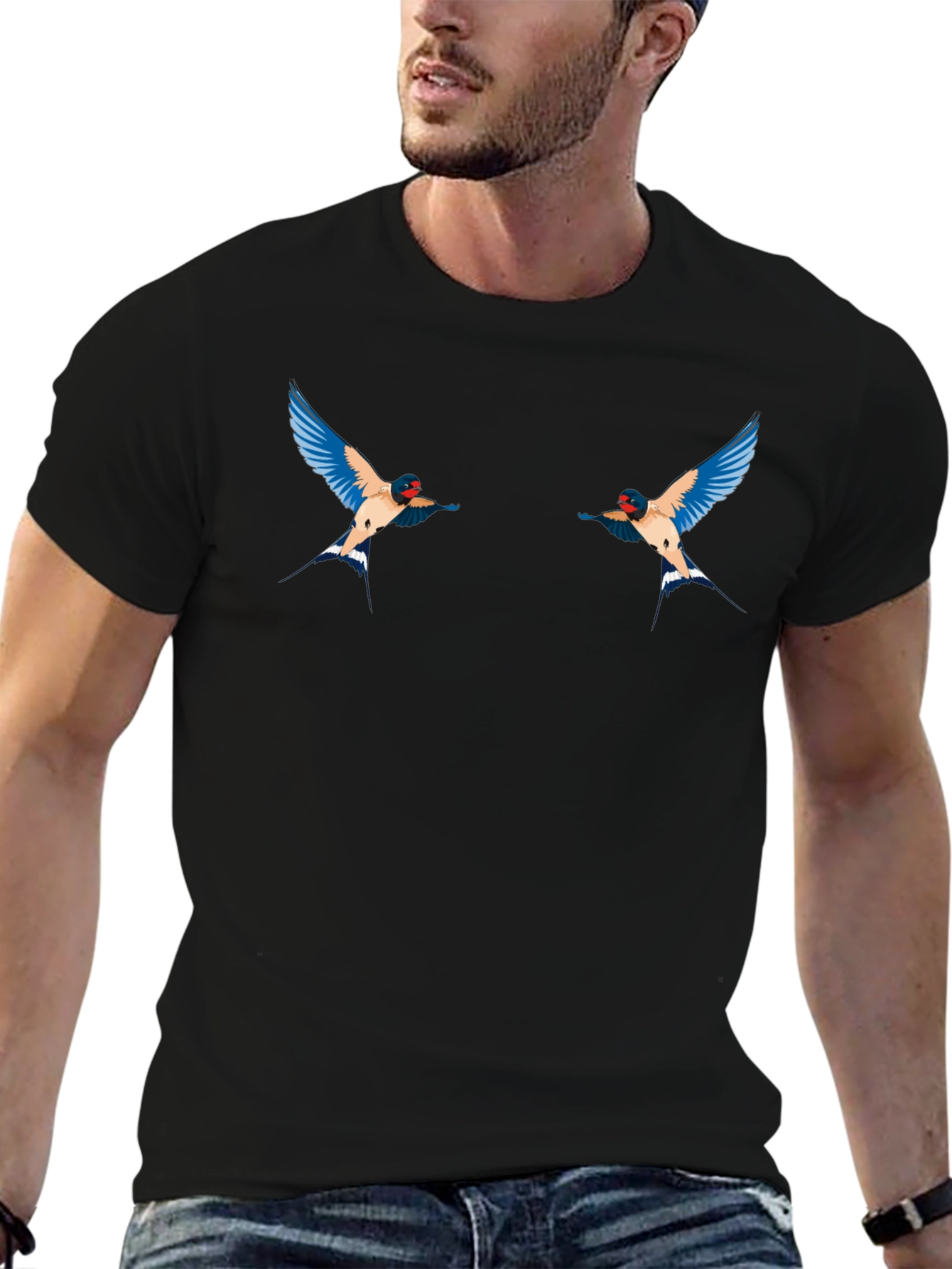 Black T-Shirt with Swallow Bird Graphic