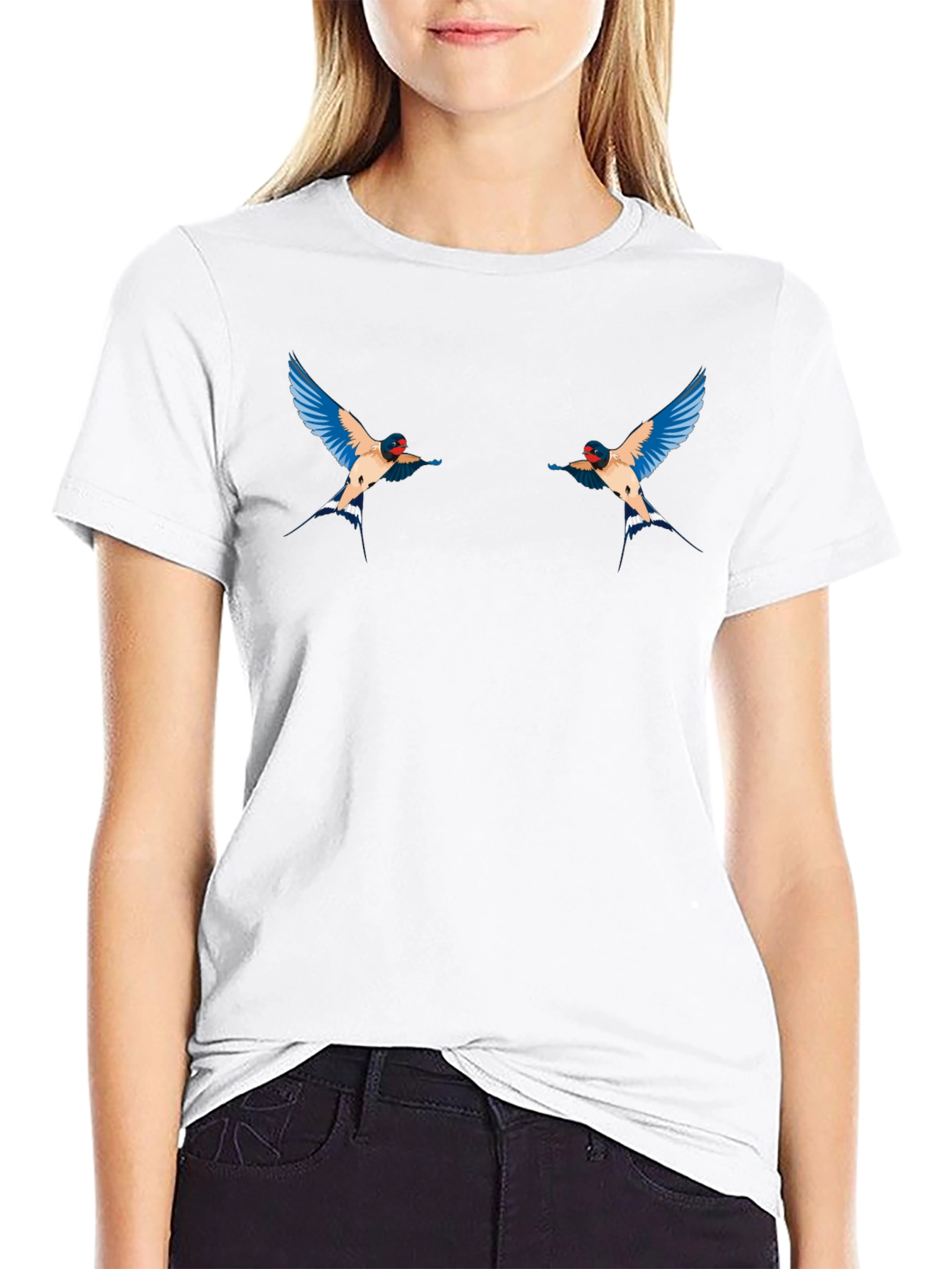 Black T-Shirt with Swallow Bird Graphic