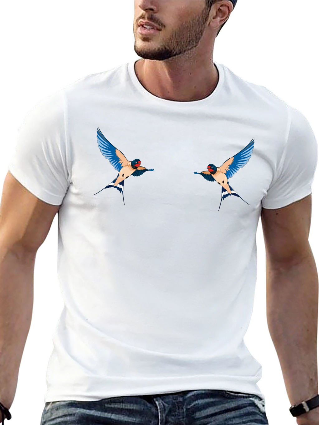 Black T-Shirt with Swallow Bird Graphic